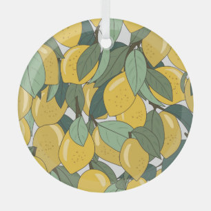 Tropical Pattern with Yellow Lemons. Glass Ornament