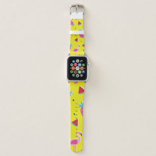 tropical patternwith pink pineapple, flamingos, w apple watch band
