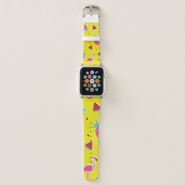  tropical patternwith pink pineapple, flamingos, w apple watch band (Front)