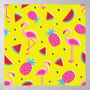 tropical patternwith pink pineapple, flamingos, w poster