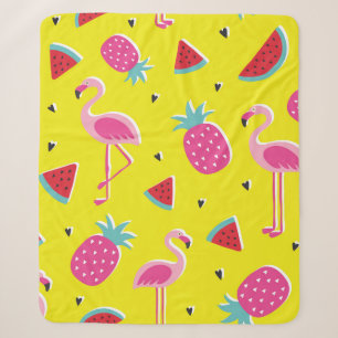 tropical patternwith pink pineapple, flamingos, w sherpa blanket