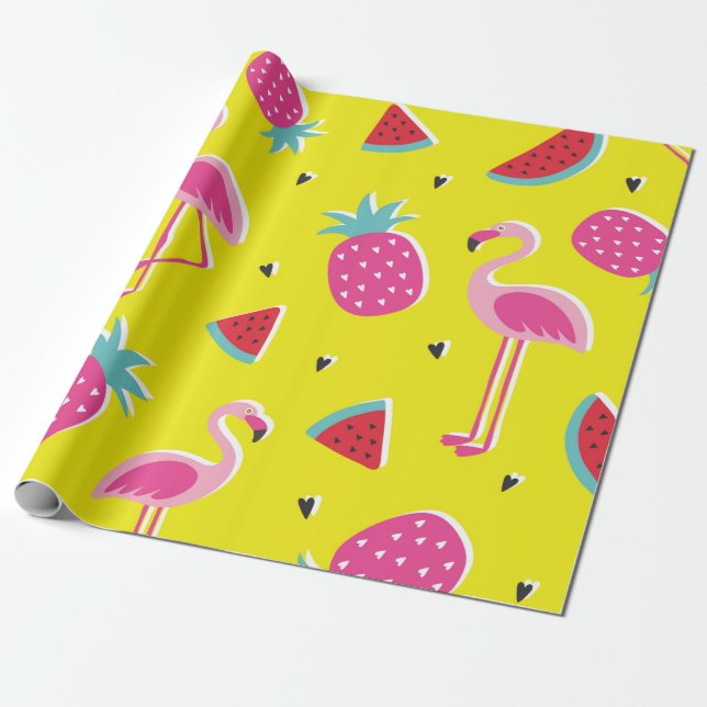  tropical patternwith pink pineapple, flamingos, w wrapping paper (Unrolled)