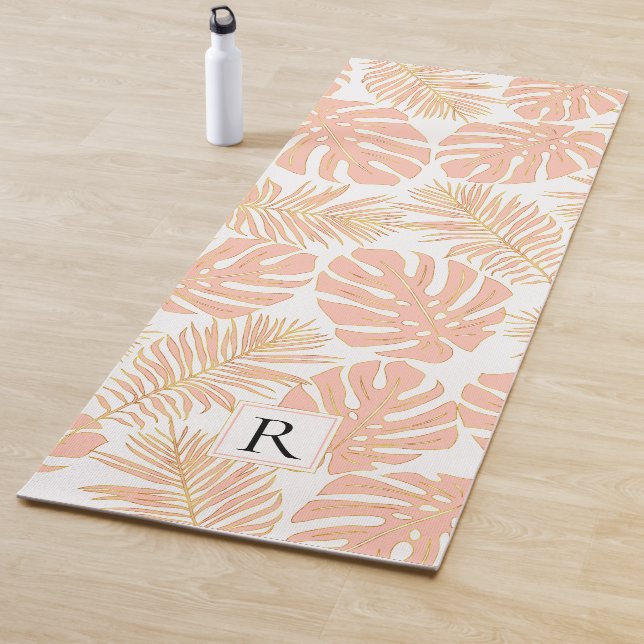 Tropical peach and gold leaves and monogram yoga mat (In Situ)
