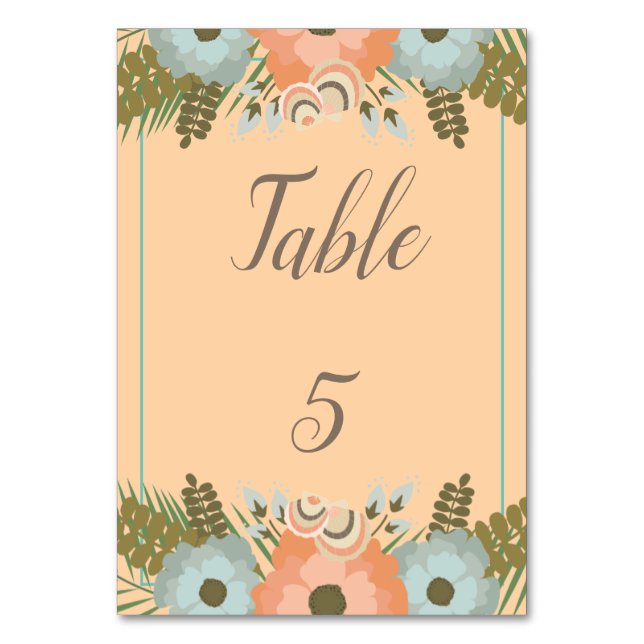 Tropical peach and teal beach Wedding Table Number (Front)