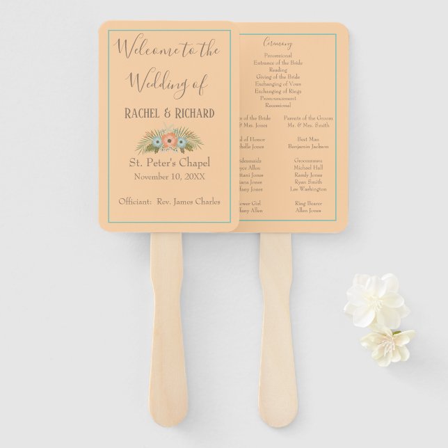 Tropical Peach and Teal Wedding Program Hand Fan (Front and Back)