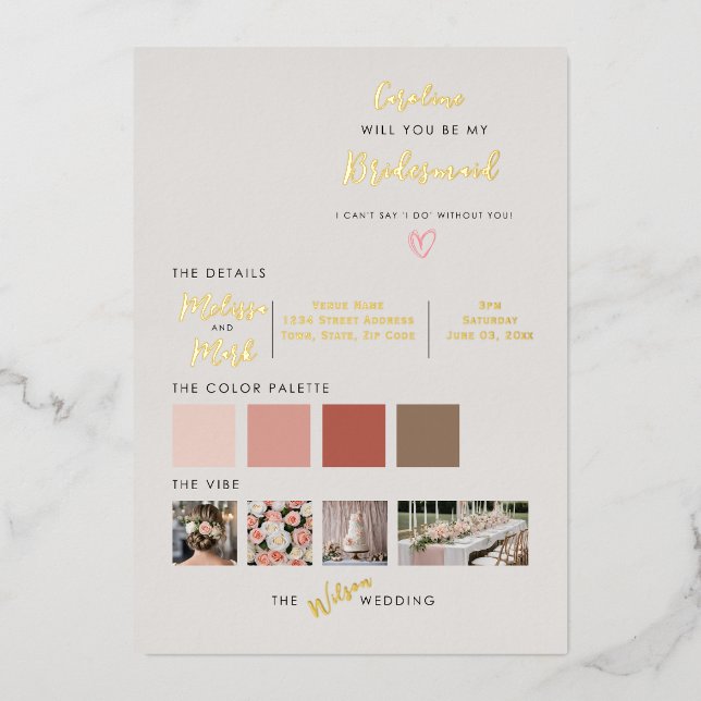Tropical Peach Flower Will You Be my Bridesmaid? Foil Invitation (Front)
