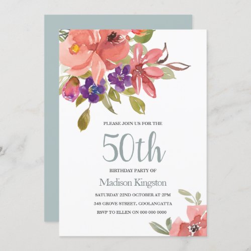 Tropical Peach Flowers 50th Birthday Party Invite