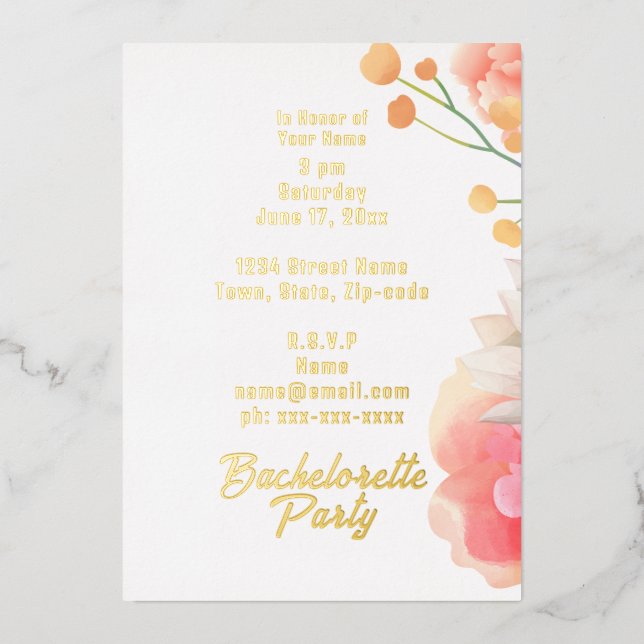 Tropical Peach Flowers Bachelorette Foil Invitation (Front)