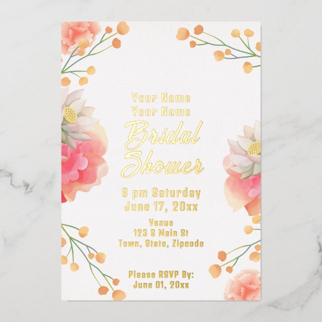 Tropical Peach Flowers Gold Foil Bridal Shower Foil Invitation (Front)