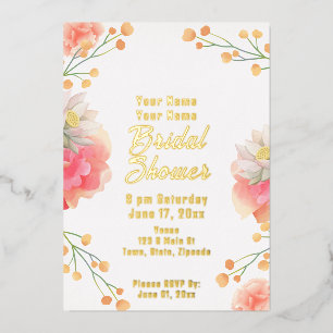 Tropical Peach Flowers Gold Foil Bridal Shower Invitation