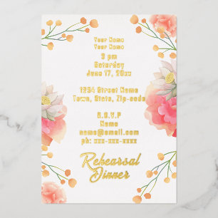 Tropical Peach Flowers Rehearsal Dinner Foil Invitation