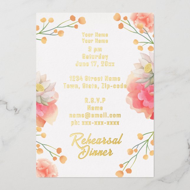 Tropical Peach Flowers Rehearsal Dinner Foil Invitation (Front)