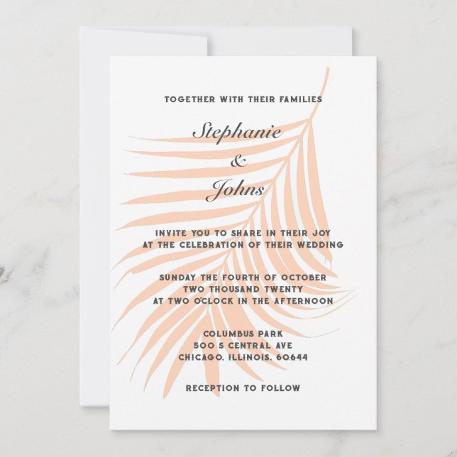 Tropical Peach Fuzz Palm Tree Leaf Elegant Wedding Invitation (Front)