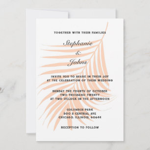Tropical Peach Fuzz Palm Tree Leaf Elegant Wedding Invitation