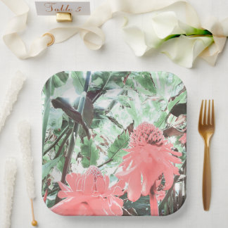 Tropical Peach Garden Wedding Square Paper Plates
