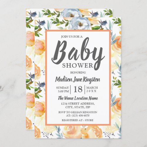 Tropical Peach Gray Summer Spring Baby Shower Invitation