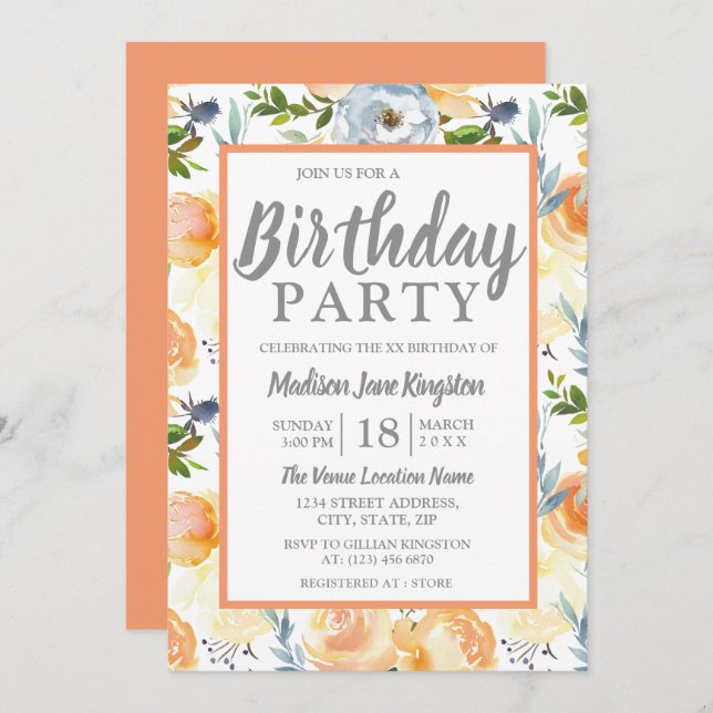 Tropical Peach Gray Summer Spring Birthday Party Invitation (Front/Back)