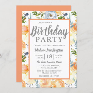 Tropical Peach Gray Summer Spring Birthday Party Invitation