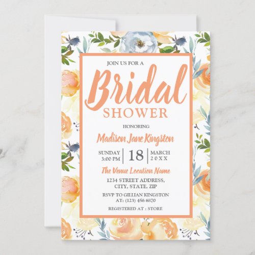 Tropical Peach Gray Summer Spring Bridal Shower Invitation