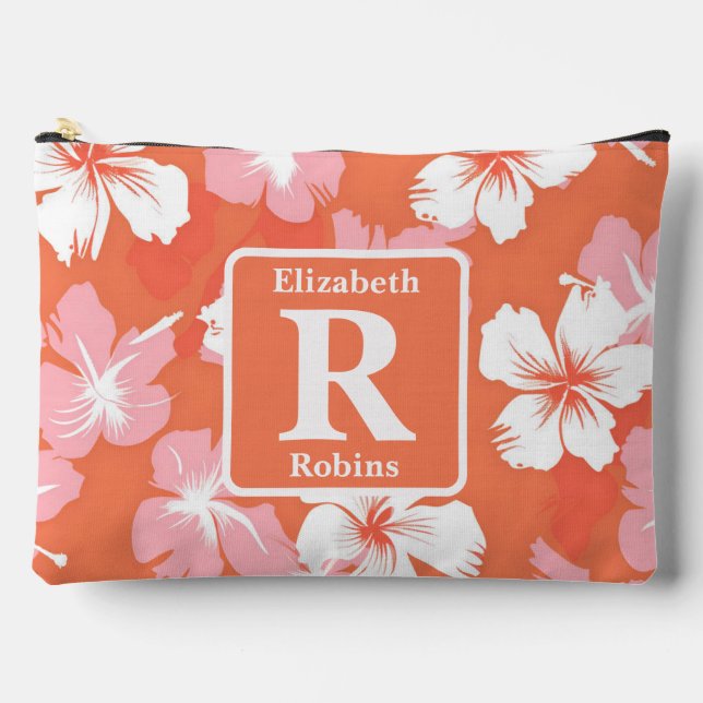 Tropical peach hibiscus personalized Monogram  Accessory Pouch (Front)