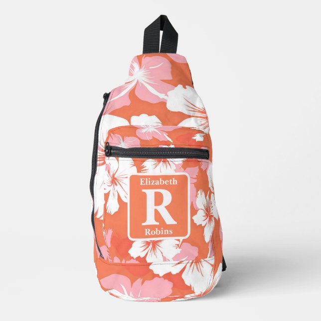 Tropical peach hibiscus personalized Monogram  Sling Bag (Front)
