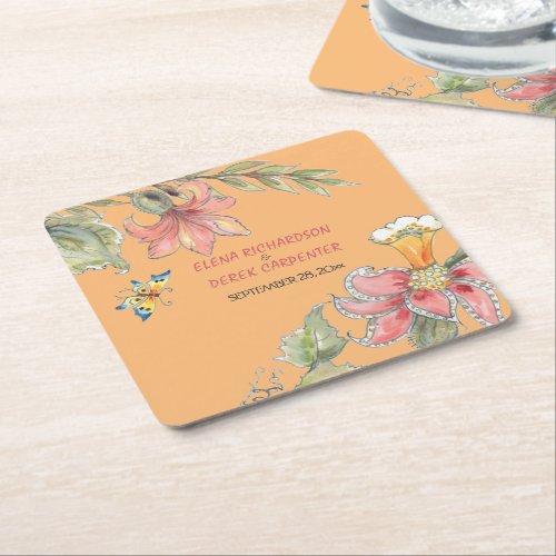 Tropical Peach Pink Chinoiserie Floral Wedding   Square Paper Coaster