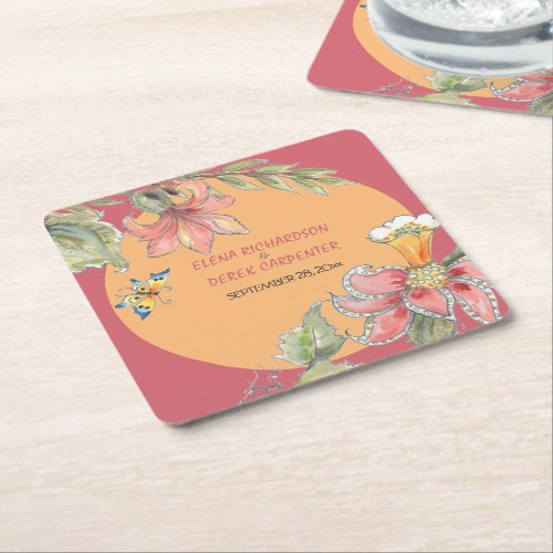 Tropical Peach Pink Chinoiserie Floral Wedding Square Paper Coaster
