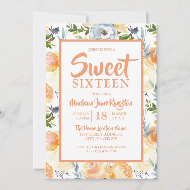 Tropical Peach Summer Spring Sweet 16 Invitation (Front)