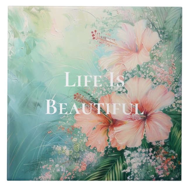 Tropical Peach White Hibiscus Floral Ceramic Tile (Front)