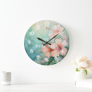 Tropical Peach White Hibiscus Floral Large Clock