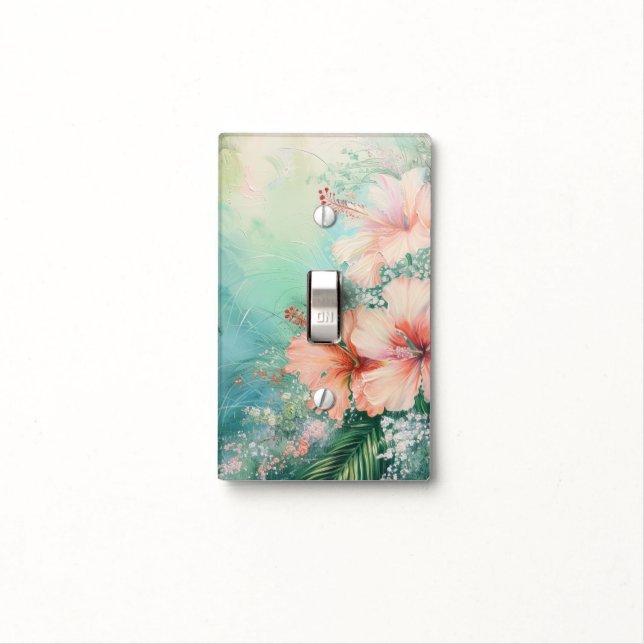 Tropical Peach White Hibiscus Floral Light Switch Cover (In Situ)