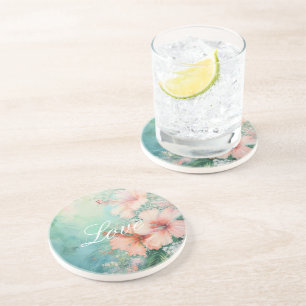Tropical Peach White Hibiscus Floral Love Coaster