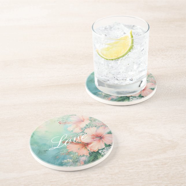 Tropical Peach White Hibiscus Floral Love Coaster (Side)