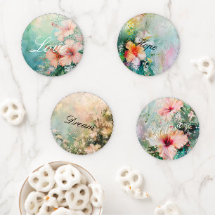 Tropical Peach White Hibiscus Floral Love Coaster Set