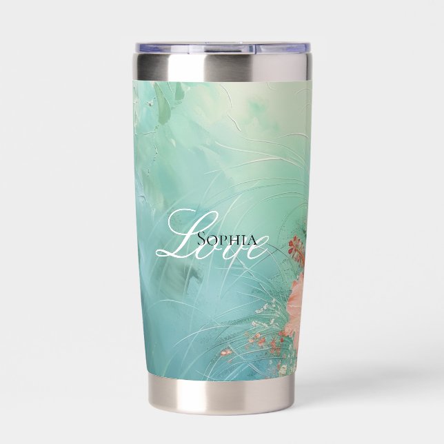 Tropical Peach White Hibiscus Floral Love  Insulated Tumbler (Front)