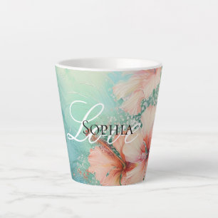 Tropical Peach White Hibiscus Floral Love  Latte Mug