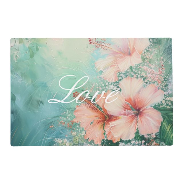 Tropical Peach White Hibiscus Floral Love  Placemat (Front)