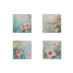 Tropical Peach White Hibiscus Floral Love Stone Magnet