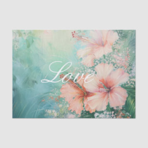 Tropical Peach White Hibiscus Floral Love Tissue Paper