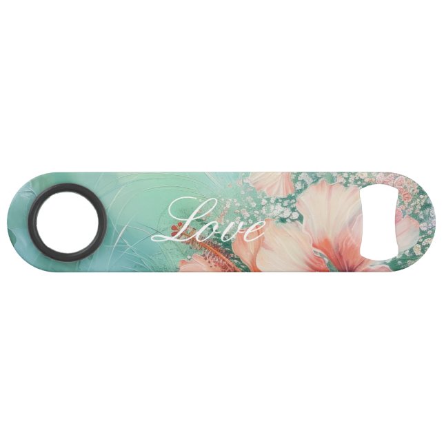 Tropical Peach White Hibiscus Floral Love Wedding Bar Key (Front (Horizontal))