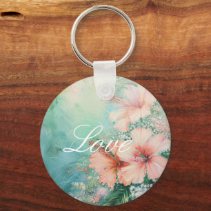 Tropical Peach White Hibiscus Floral Love Wedding Keychain