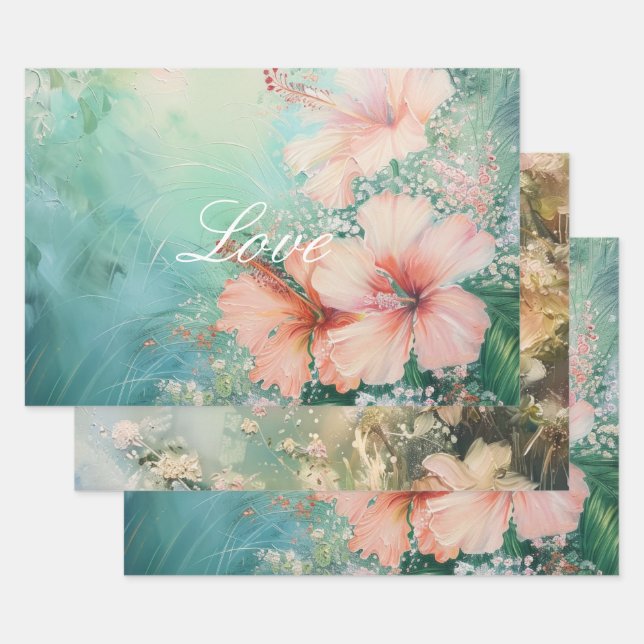 Tropical Peach White Hibiscus Floral Love  Wrapping Paper Sheets (Set)
