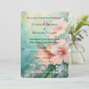 Tropical Peach White Hibiscus Floral Wedding Invitation