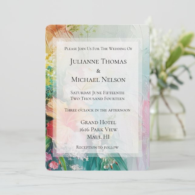 Tropical Peach White Hibiscus Floral Wedding Invitation (Standing Front)
