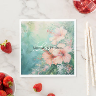 Tropical Peach White Hibiscus Floral Wedding Napkins