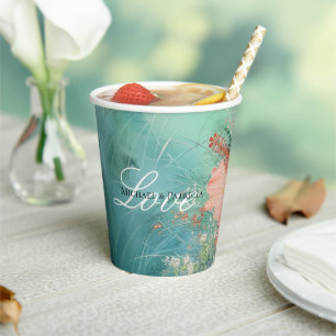 Tropical Peach White Hibiscus Floral Wedding Paper Cups