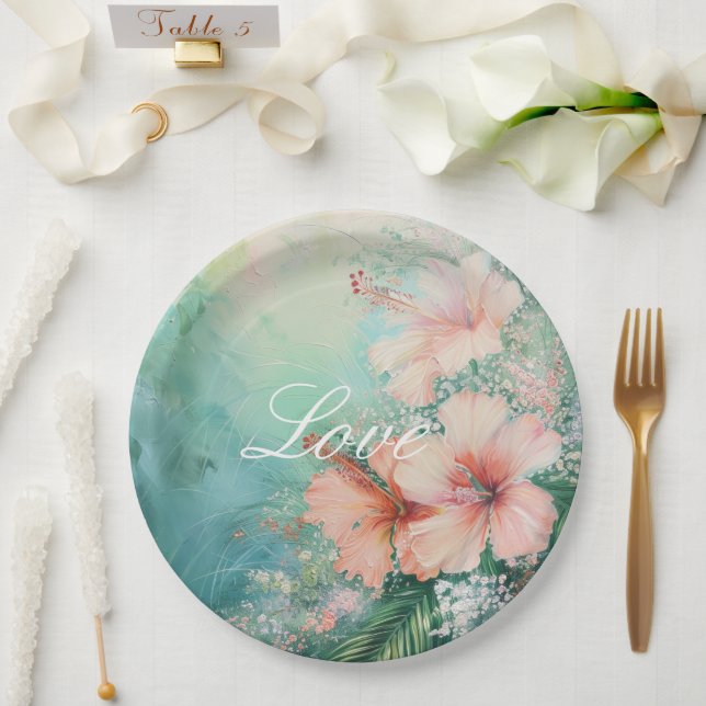 Tropical Peach White Hibiscus Floral Wedding Paper Plates (Wedding)