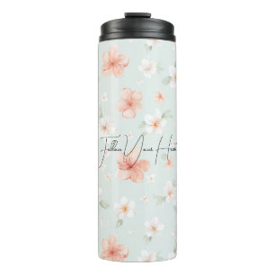 Tropical Peach White Hibiscus Flowers Thermal Tumbler