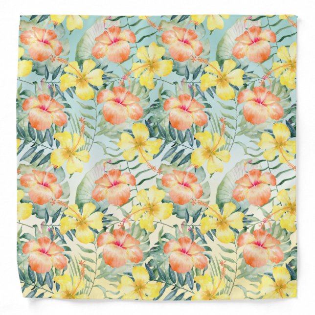 Tropical Peach Yellow Hibiscus Flowers Mint Ombre Bandana (Front)