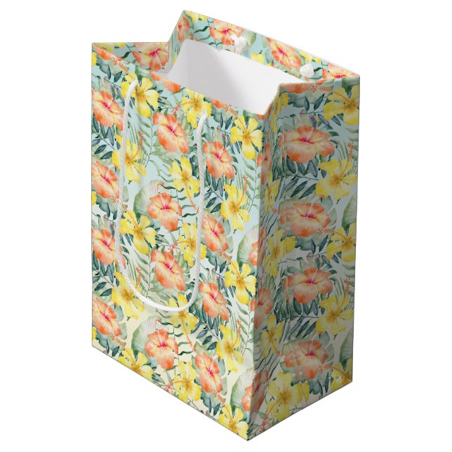 Tropical Peach Yellow Hibiscus Flowers Mint Ombre Medium Gift Bag (Front Angled)